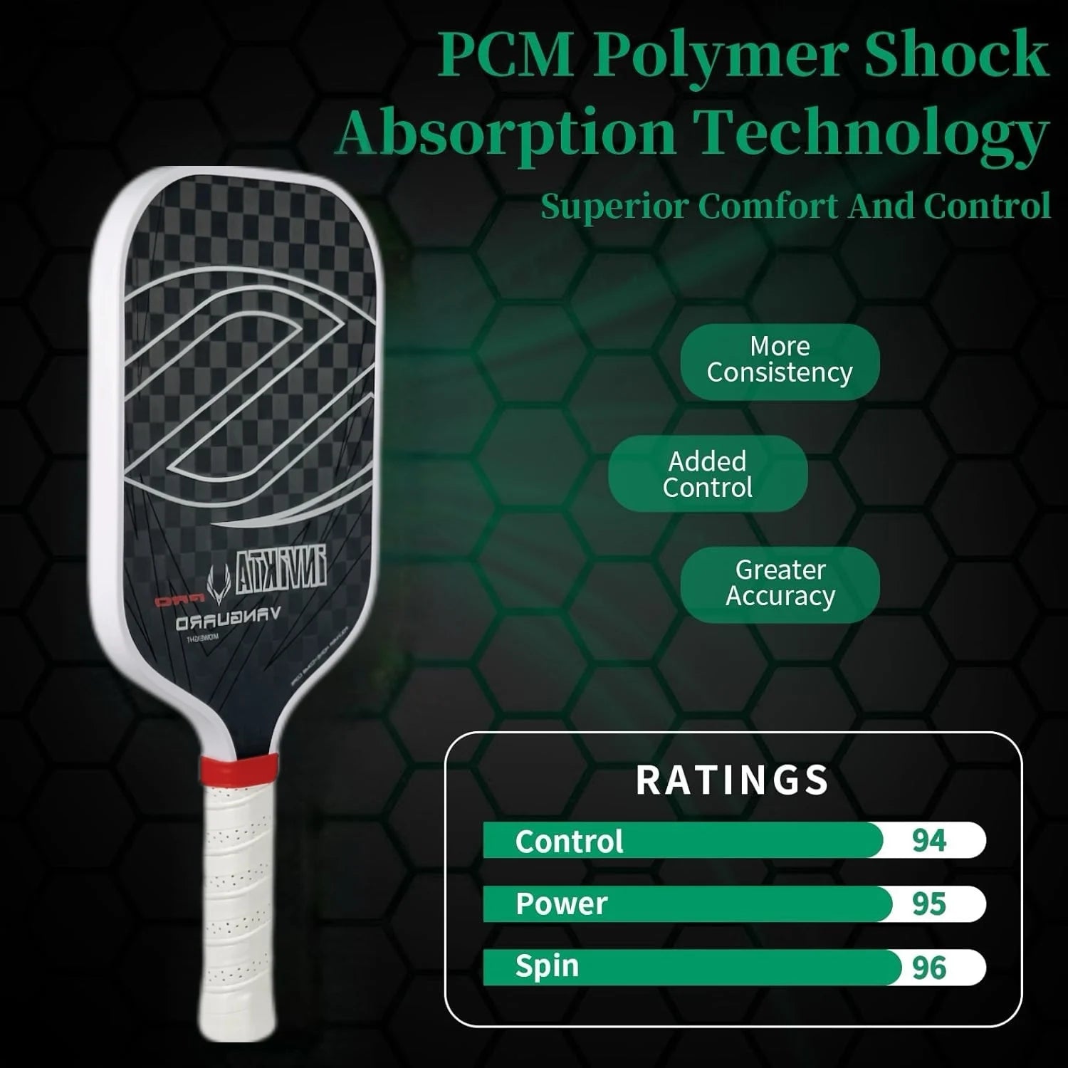 12K pickleball paddle with a 16mm polymer honeycomb core, designed for enhanced spin and power; black with white accents, includ