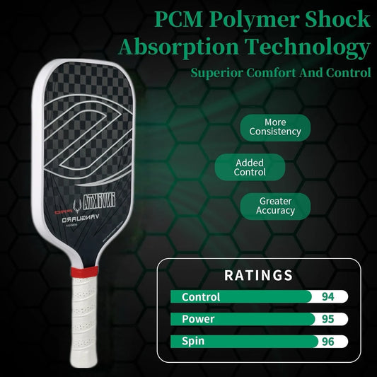 12K pickleball paddle with a 16mm polymer honeycomb core, designed for enhanced spin and power; black with white accents, includ